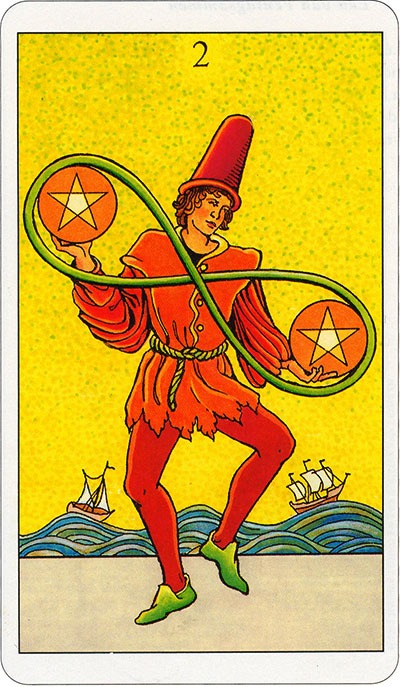 Tarotkaart 30 Pentagrammen 2 Twee Munten Pentakels of Schijven