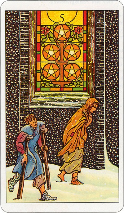 Tarotkaart 33 Pentagrammen 5 Vijf Munten Pentakels of Schijven